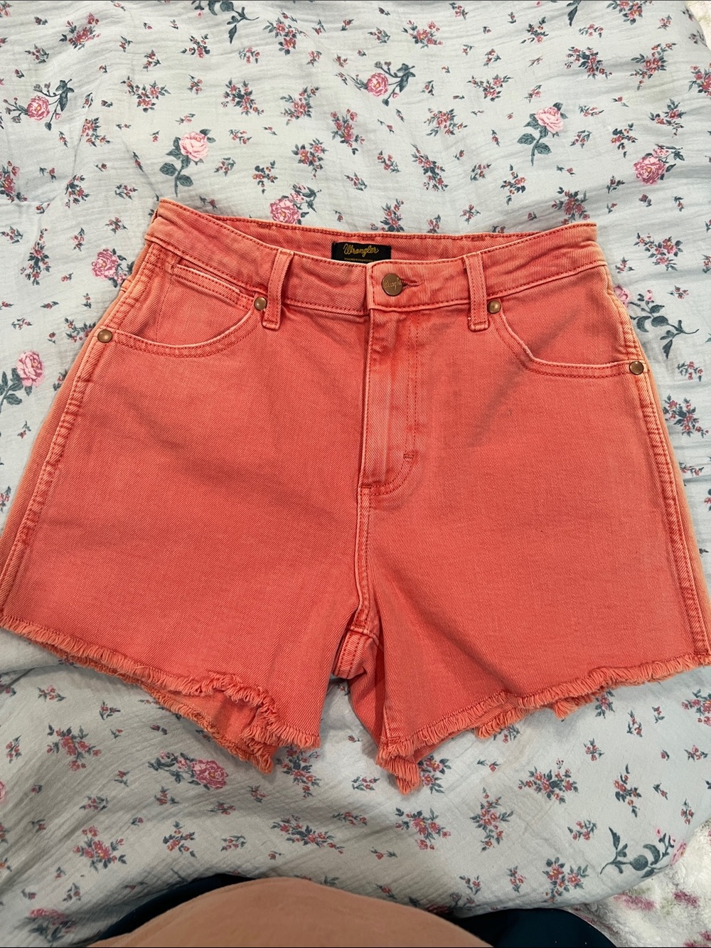 Wrangler Coral-Pink High-Waist Denim Shorts